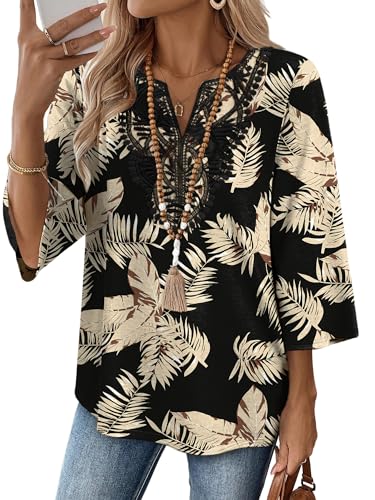 Image of WIHOLL 3 /4 Length Sleeve Womens Tops Boho V Neck Lace Shirt Trendy Blouses Dressy Casual Vacation Clothes S-3XL