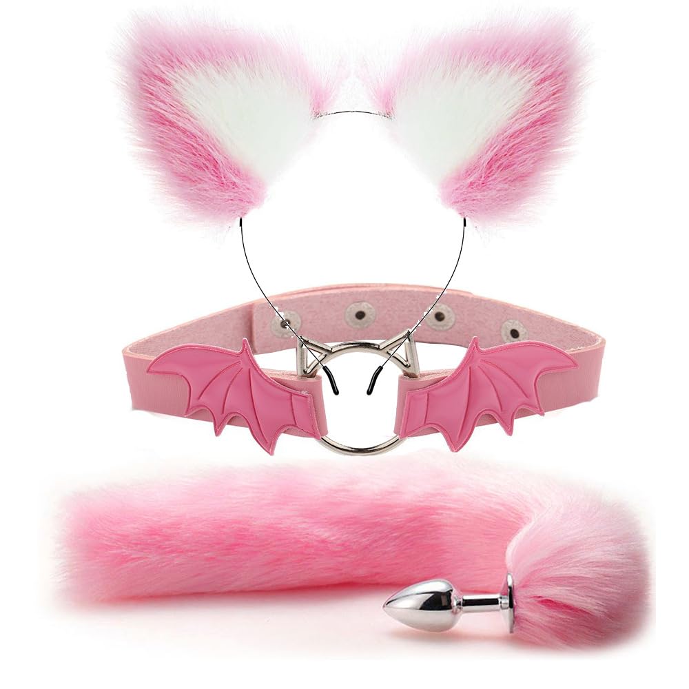3PCS Animal Cosplay Costume Furry Fox Tail Plug Cute Ears Headband Bat Style Neck Collar Set For Halloween Party (Pink 02)