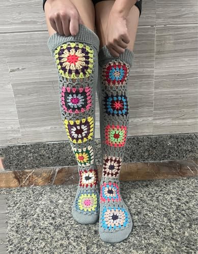 Image of Leoparts Crochet Thigh High Socks Granny Square Over Knee High Retro Knitted Stocking Colorful Leg Warmers