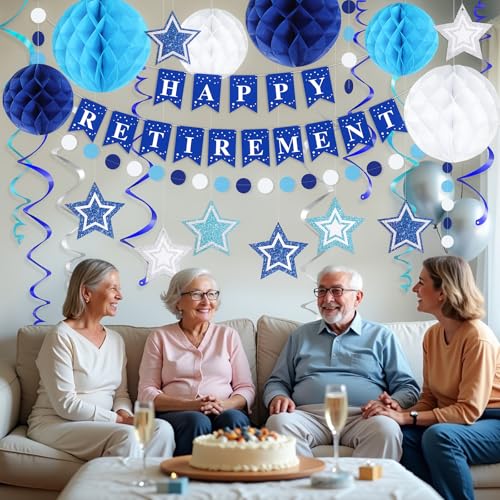 Image of Happy Retirement Party Decorations for Men Women Blue Silver Happy Retirement Banner Honeycomb Balls Pentagram Hanging Swirl Streamers Circle Dots Garland