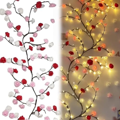 Image of Artificial Rose Vine Fairy Lights Wall Decor, USB Powered LED Flower Vine String Lights with Remote Control, 8 Lighting Modes, Flexible Wall Hanging Decoration (72 LED)