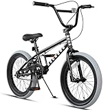 AVASTA Bacchus BMX自転車 18インチ フリースタイルBMXバイク スチール製 子供/初心者/ジュニア練習用 高炭素鋼フレーム アルミニウム合金U字型前後輪ブレーキ 街乗り スタント用自転車 キックスタンド付き 黒ブラック/灰色グレータイヤ