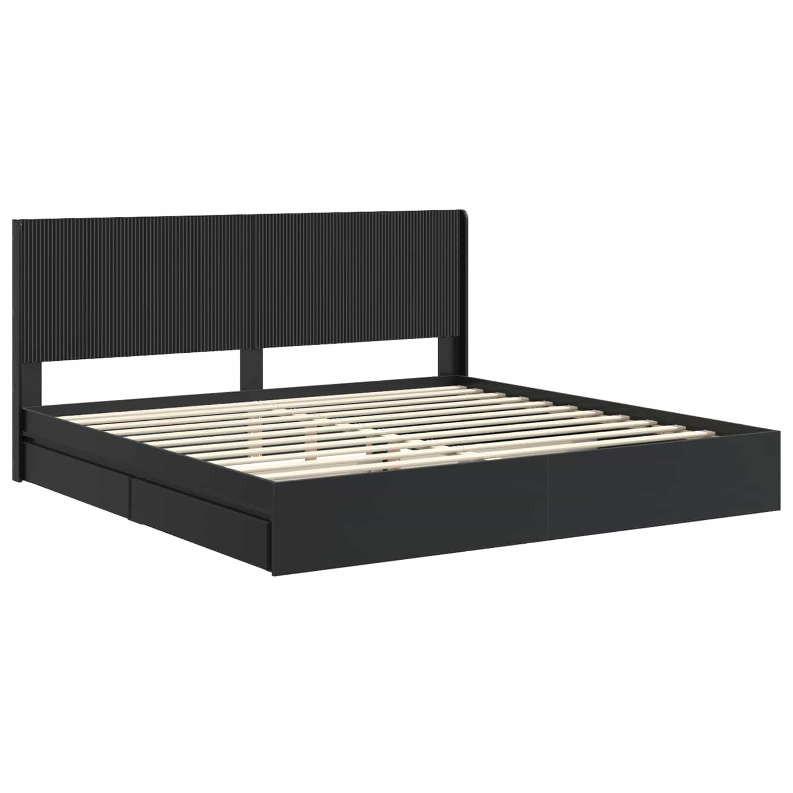 Rama de cama con almacenamiento y cabecero Negro 200 x 200 cm estructura de cama moderna con compartimentos de almacenamiento integrados para dormitorio, marco de madera montaje, uso interior