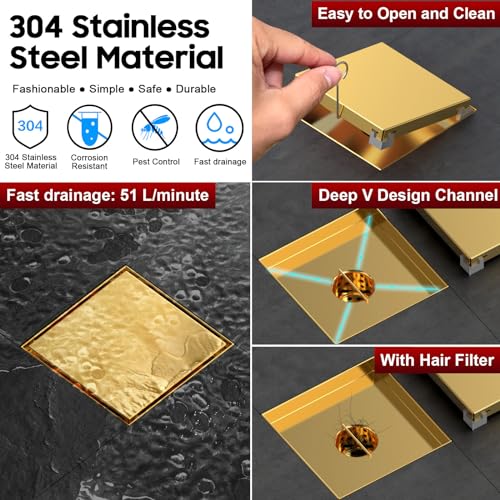 Image of DLONE Shower Drain | 6 Inch Brushed Gold with Tile Insert Panel