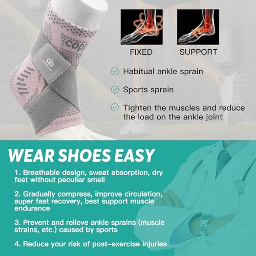 Image of INDEEMAX Ankle Brace for Sprained Ankle Compression Sleeve, 2 Pack Copper Infused Ankle Support Brace for Women & Men, Plantar Fasciitis Relief Achilles Tendonitis, Sports Running, Pink Silver, XL