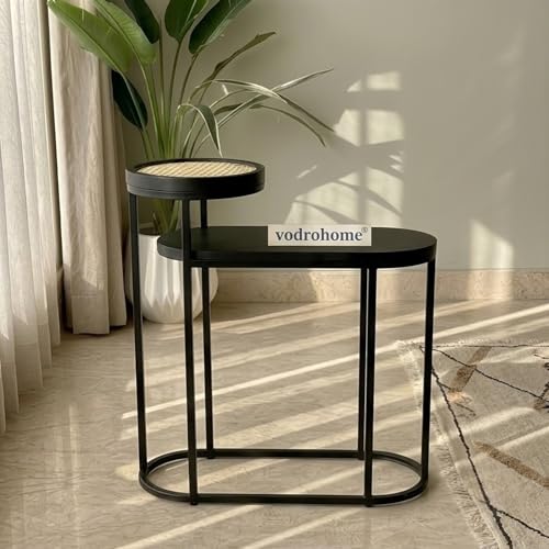Image of Charcoal Rattan Cane Side Table with Glass top - Bohemian Solid Mango Wood Cane Iron Sofa Side end Table - Wood and Cane Nesting Table S#046 (Charcoal Black 3)