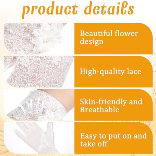 1 Pairs White Lace Gloves for Wedding Tea Party, Women Short Fingerless Floral Gloves for Tea Party Wedding Prom Halloween3