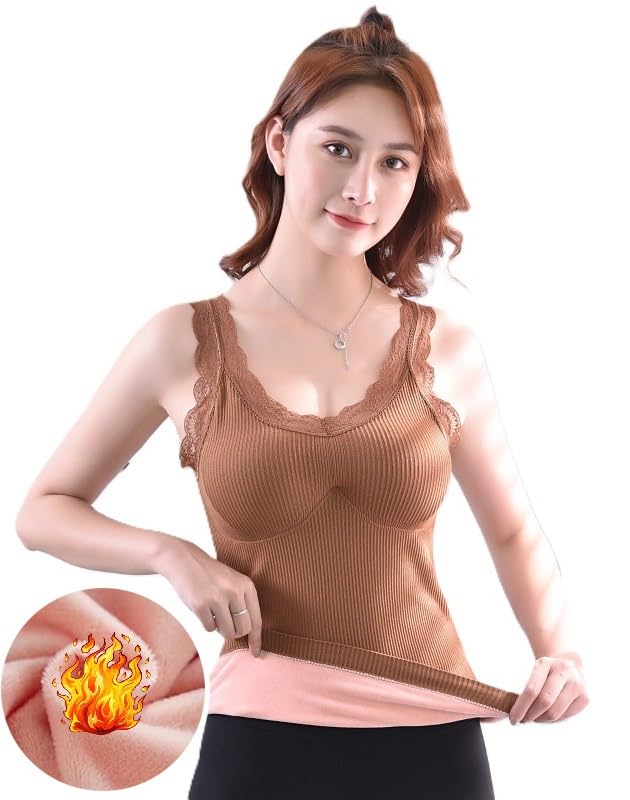 Girls Women Female L-Size Brown Padded Slips Slim Fit Cotton Thermal Fleece Lined Underwear Tops Camisole Top Warm Base Layer Stretchy Body Shaper Vest for Winter
