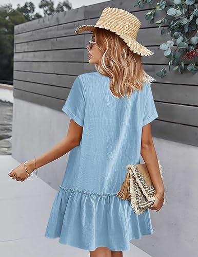 Image of HOTOUCH Women Button Down Dress Loose Summer Cotton Linen Dress Ruffle Hem Casual Dress Short Sleeve Tunic Dress