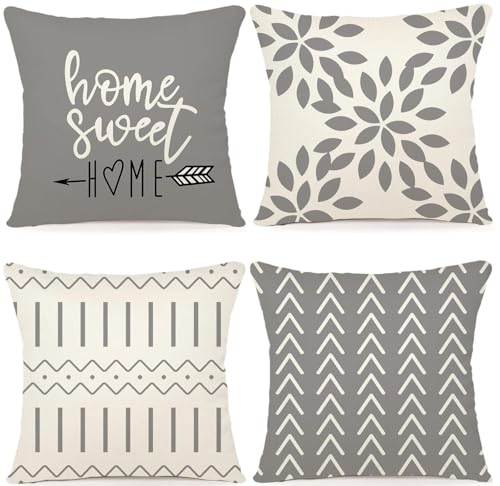 YCOLL Pillow Covers 18x18 Set of 4?Modern Sofa Throw Pillow Cover, Decorative Home Outdoor Linen Fabric Geometric Pillow Case for Couch Bed Car?Gray