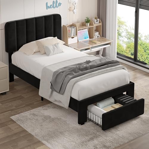 Image of VECELO Twin Size Upholstered Bed Frame with Drawer and Headboard, Velvet Platform Storage Bedframe, Wooden Slats Support, No Box Spring Needed,Black