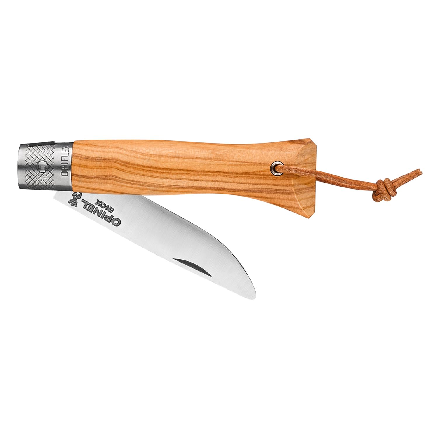 OPINEL - neo6 Opiflex Olivier - Coltello Tascabile Tradizionale - Lama 7 cm in Acciaio Inox, Manico in Legno d'Ulivo Verniciato a Grana Mediterranea, OPIFLEX Senza Blocco, Laccetto in Pelle