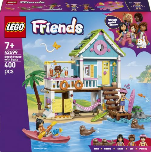 LEGO Friends Casa sulla Spiaggia con Foche Giocattolo - Miniatura da Costruire con 3 Mini Bamboline, 2 Animali Marini e Accessori tra cui Tavola da Surf e Kayak - Regalo per Bambine da 7 Anni - 42699