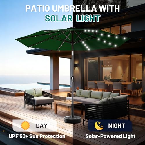Image of AreShark 9FT Patio Umbrella with Solar Lights, 32 Lighted Pool Umbrella w /Tilt and Crank, Outdoor Market Solar Umbrellas for Garden, Deck, Backyard, Pool and Beach, Dark Green
