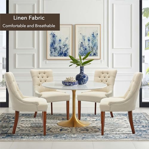 UDAX Upholstered Dining Chairs with Arms, Set of 4, Dining Room Chairs with Solid Wood Legs and Tufted Backrest(Linen+Beige)