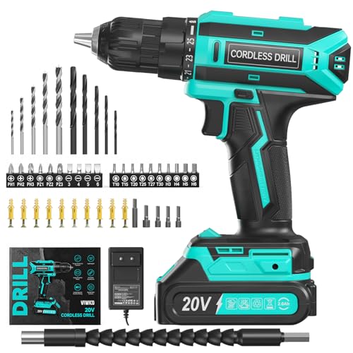 VIWKO Perceuse Visseuse Sans Fil, 20V Visseuse Devisseuse Sans Fil, 25+1 Réglages de Couple, Perceuse-visseuse Max 42Nm Visseuse, LED, jeu de 56 Accessoires...