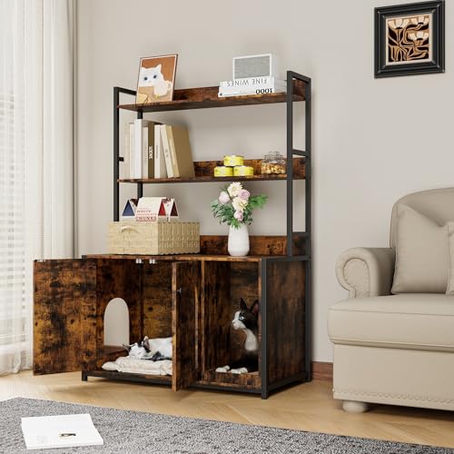 Large Litter Box Enclosure with Shelves, 52'' Hidden Cat Kitty Litter Furniture Cats Bookshelf for Living Room, Bedroom, Cat Box Enclosure Cabinet with Scratch Pad Brown