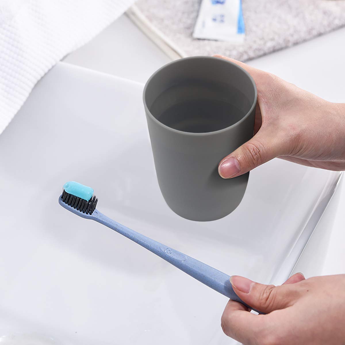 Topsky 4pcs Bathroom Tumbler Toothbrush Cup Plastic Tumblers Water Tumbler Reusable Drinkware, Mouthwash Cup, Black