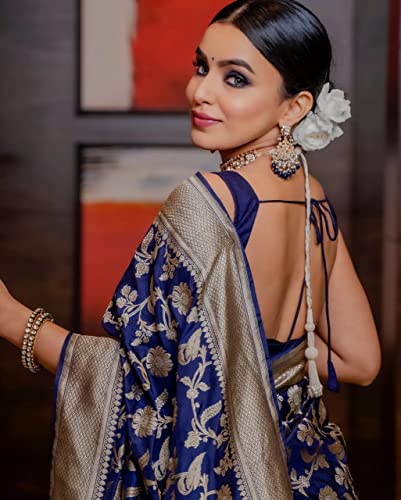 Image of Flosive Women's Present Banarasi Soft Lichi Silk Saree Beautiful Jacquard Rich Pallu Design Work Zari Woven Ayn Kanjivaram Silk Style Saree With Soft Lichi Silk Blouse Piece (Dark Blue)