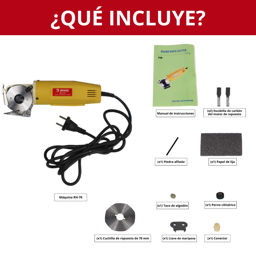 RHINO Smart Solutions RH-70 Cortador de Tela Industrial Eléctrico con Cuchilla de 70mm y Grosor Máximo de Corte 25mm | Cutter Electrico para Manualidades, Telas, Cuero | Corte Recto y Curvas