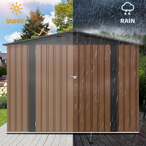 Image of DWVO 8x6FT Outdoor Storage Shelter, Roomy Steel Tool Shed with Secure Entrances & Air Circulation for Patio, Lawn, and Backyard, Ideal for Storing Garden Gear, Lawn Tools, and Bikes, Brown