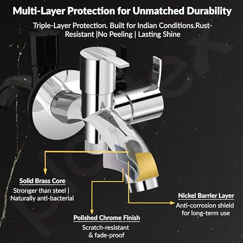 Image of Plantex Pure Brass 2 in 1 Tap for Washing Machine with Water Saving Nozzle for Kitchen Tap /2-Way Bib Cock with Brass Wall Flange & Teflon Tape -7 Year Warranty (AQ-1407-Chrome)