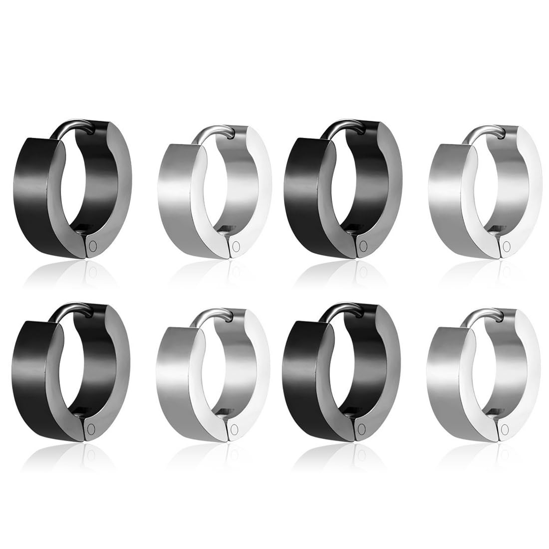 WHGHNCQ 4 Pares Pendientes acero inoxidable negro plata mate hombres/mujeres Pendientes de aro clásicos,Pequeños Pendientes del Aro de Acero Inoxidable para Hombres Negro único Oreja Piercing 9mm
