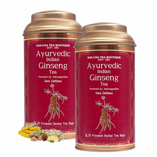 Image of Sancha Tea Boutique, Ginseng Herbal Tea with Ashwagandha (Indian Ginseng), 25 Pyramid Bags x Pack of 2, Caffeine Free Ayurvedic Herbal Tisane, Biodegradable Corn-Fibre Bags