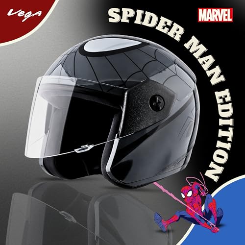 Image of Vega Buds Junior Marvel Spiderman Graphic Open Face Helmet for Kids - Lightweight Design, Superior Comfort & Safety, Stylish Black Grey - XS