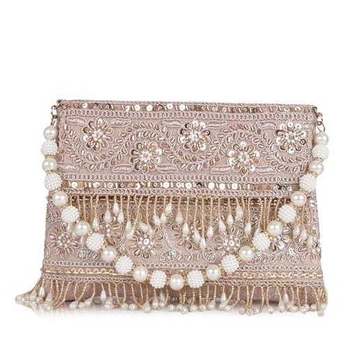 Image of Nevis PU Silk Fabric Women's Embellished bride Clutch with Pearl Handle | Fancy Designe & Wedding Potli Bag for Festive & Evening