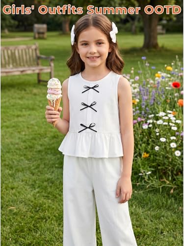 Image of Girls' Clothing Sets Sleeveless Bow Crop Top Wide Leg Linen Pants 2026 Summer Outfits Cute Kids Clothes