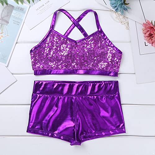 Girls 2-Piece Dance Outfit Sequins Crop Tops and Shorts for Ballet Sports Workout Gymnastics Training3