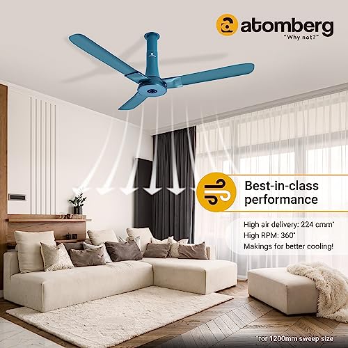 Image of atomberg Studio+ 1200mm BLDC Ceiling Fan with Remote Control | BEE 5 star Rated Energy Efficient Ceiling Fan | High Air Delivery with LED Indicators | 2+1 Year Warranty (Aegean Blue)