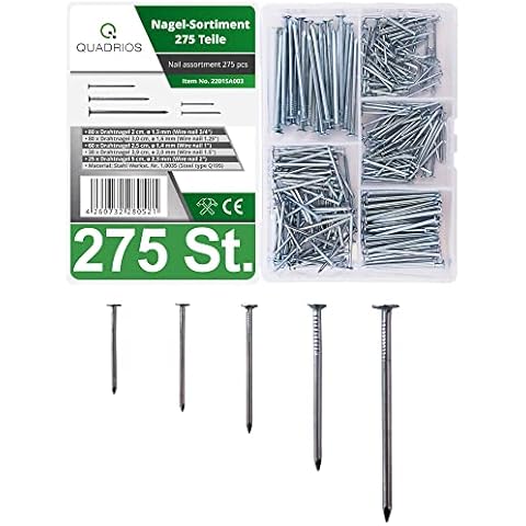 QUADRIOS GmbH | 275 Stück Stahlnägel Set | Nagel Set aus Stahl | Lange und kurze Nägel aus Stahl von 20mm bis 50mm, für Heimwerker, Bilder an der Wand aufhängen, Handwerk oder Bau Cover