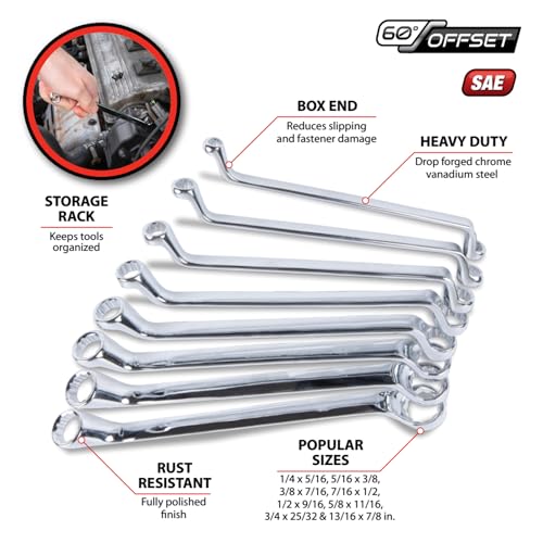 Image of Performance Tool W1085 8Pc Offset SAE Box Wrench Set - Precision Machined with 12-Point Box End Design for Easy Access and Increased Torque