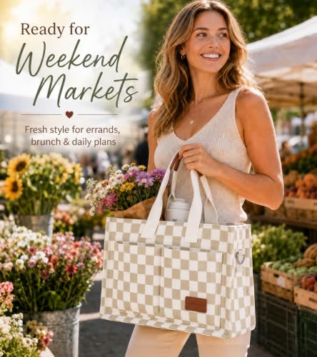 Image of BECOJADDE Structured Canvas Tote Bag for Women, Multi-Compartment Zippered Purse for Work Bible Travel