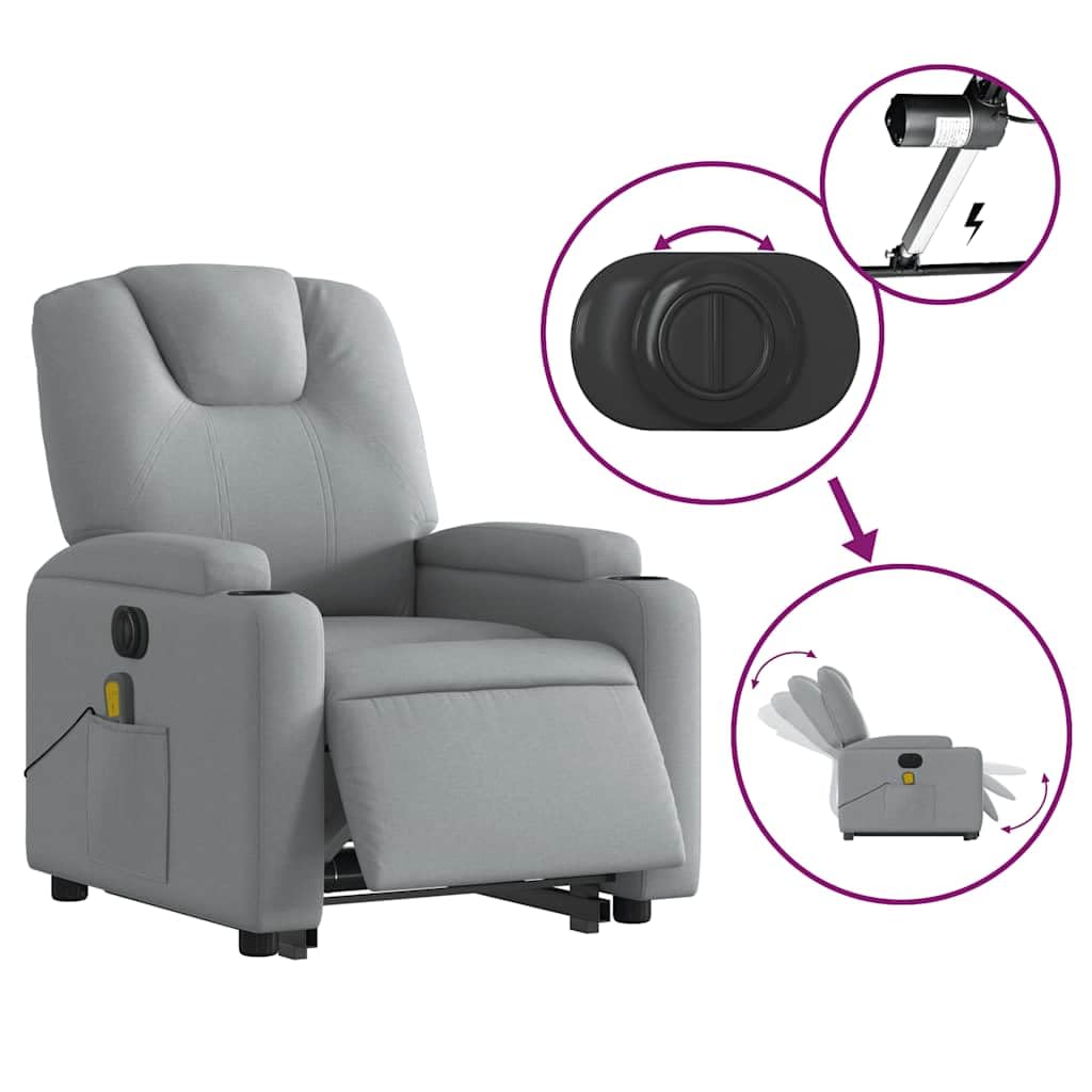 Elektrischer Massagesessel mit Aufstehhilfe Hellgrau Stoff, 6-Punkt-Vibrationsmassage, Verstellbare Rückenlehne und Fußstütze, Robust Metall- und Holzgestell