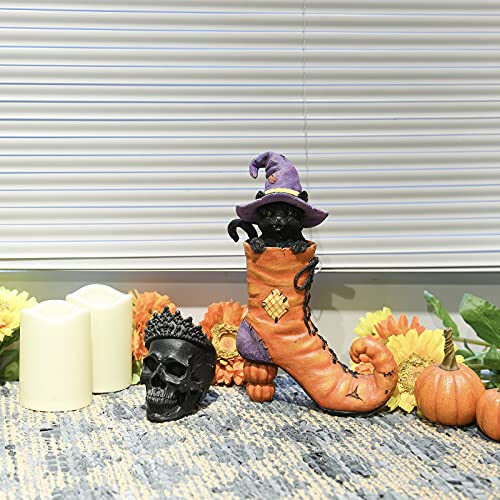 Halloween-Witches-Boot-Decor-Figurines-Black-Cat-in-Witch-Boot-Halloween-Dia-de-Los-Muertos-Decorations-Collectible-Figurines-7-L-x-28-W-x-10-H-Newman-House-Studio