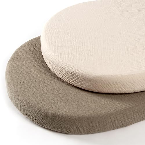 Image of lulumoon Muslin Bassinet Sheets Fitted - Universal Cotton Baby Sheets for Rectangle, Hourglass or Oval Bassinet Mattress (Olive & Cream)
