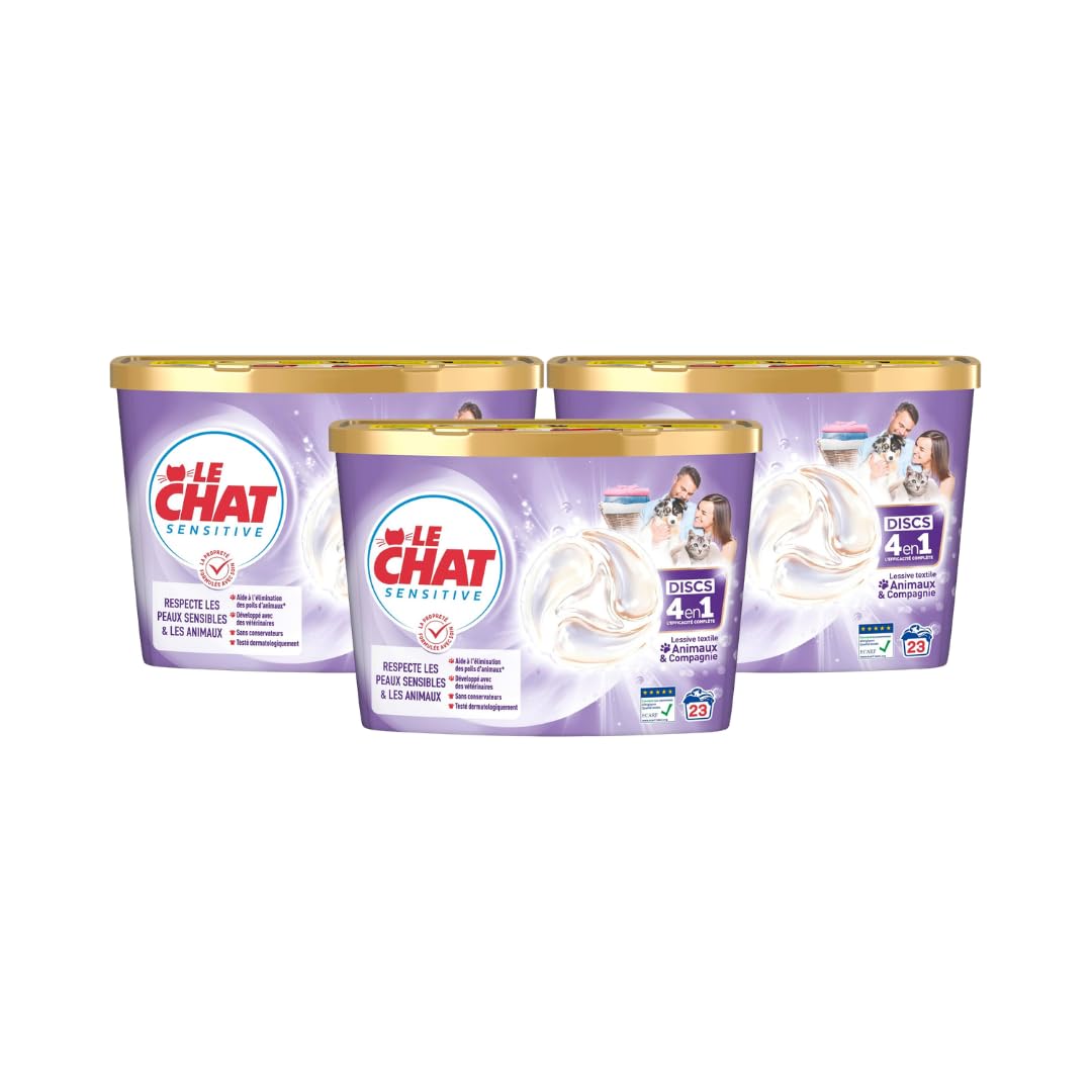 Le Chat, Sensitive, Lessive Capsules, Animaux & Compagnie, Formule avec soin, Respecte les peaux sensibles et les animaux, Elimination des poils d'animaux, developpe avec des veterinaires, 69 lavages