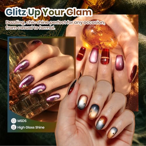 Image of Beetles Cat Eye Gel Nail Polish Set, Timeless Amber 6 Colors Fall Nail Gel | Glitter Gel Blue Olive Green Brown Burgundy Red Purple Magnetic Glass Effect Soak Off UV Manicure with Magnet Gift for Women