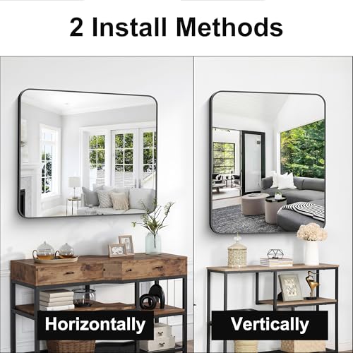 Image of Bathroom Mirror, 36 x 30 inch Metal Framed Black Rectangle Mirror, Rounded Corner Rectangular Vanity Mirror, Wall Mounted Mirror for Modern Bedroom Living Room Hangs Horizontal or Vertical