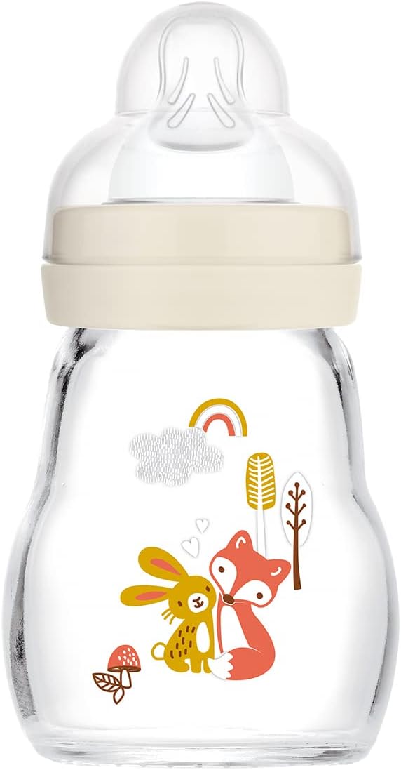 MAM Feel Good Glass Bottle | 1 Pack (1 x 170ml) | MAM Glass Bottle with Slow Flow Teat Size 1 | Baby Accessories for Newborn | Yellow (Various Designs)