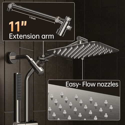 Image of Veken Brushed Nickel Shower Head, 10'' All Metal Rain Shower Heads with Handheld Spray Combo, Hand Held Bathroom Combo with Extension Arm, Dual shower with Power Wash, Adjustable Rainfall Showerhead