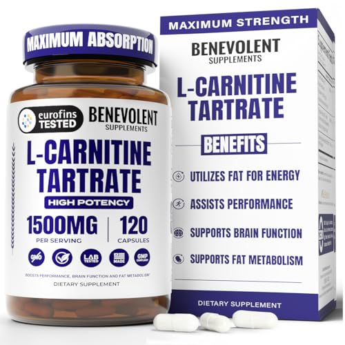 Benevolent L Carnitine Supplement - High Potency 1500mg L-Carnitine Tartrate - Fast Absorbing, Convert Fat to Energy, Support Lean Muscle, Boost Workout Performance & Metabolism – 120 Vegan Capsules