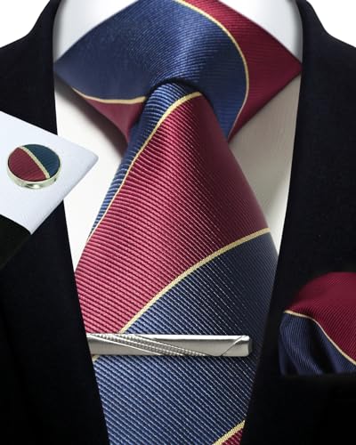 Image of Striped Plaid Polka Dot Mens Tie Formal Necktie Pocket Squares Ties Clips Cufflinks Classic for Men Set