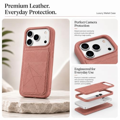 Image of amazon basics Premium Vegan Leather Back Cover with Card Holder and Integrated Mobile Stand for iPhone 17 Pro Max - Slim Shockproof Wallet Case with Geometric Stitching [Pink]