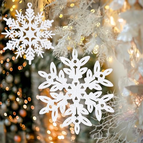 Image of kockuu 49Pcs Christmas Ornaments Snowflake Decorations - White Glitter Christmas Ornaments Hanging Snowflakes for Winter Christmas Tree Wall Ceiling Window Ornaments