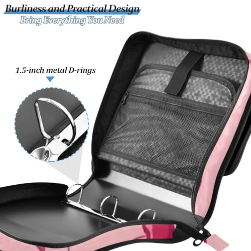 Image of Bow Cherry Pink Zipper Binder Bag 3 Ring Binder with Shoulder Strap Zip Up 500 Sheets Capacity Multi Pockets for School Office Supplies