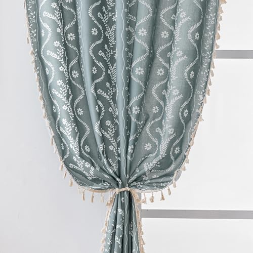 Image of Boho Curtains 63 Inch Long for Living Room, Bedroom, 2 Panels Floral Farmhouse Vintage Tassel Semi Sheer Light Filtering Privacy Window Curtain Drapes with Rod Pocket,Gray